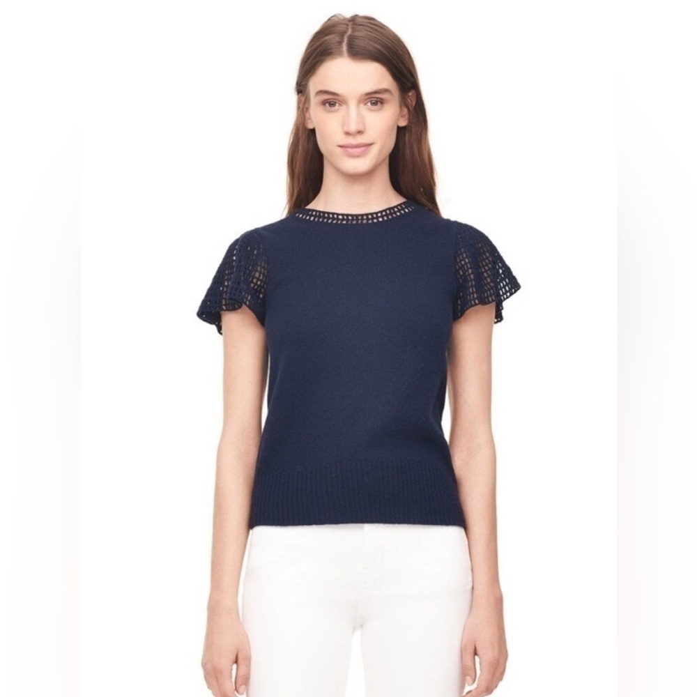 LA VIE Rebecca Taylor Navy Wool Blend Lace Short Ruffle Sleeve Knit Top Sz S